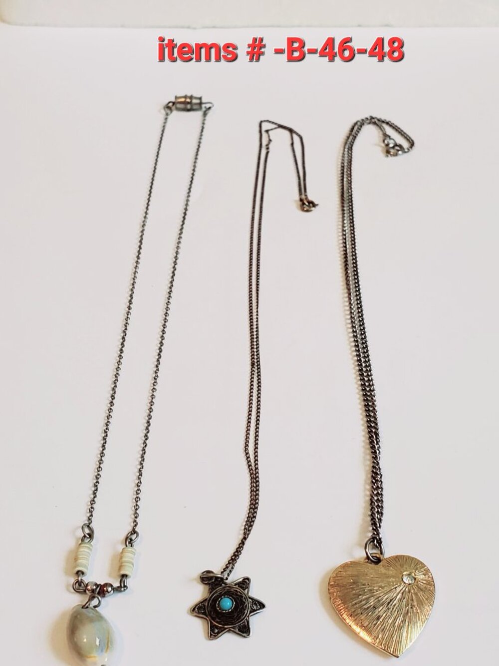 3 Silver Chain Necklaces with small pendants, items # B-46-48,. wt 18 grams.